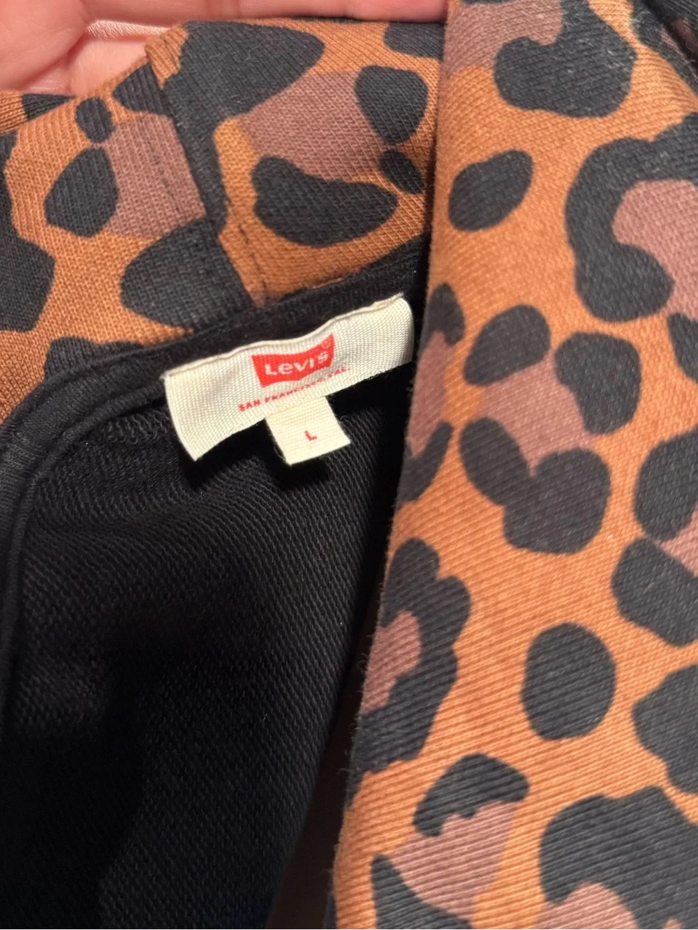 Levi's Black Sequin Logo Hoodie with Red Logo and Leopard Hood Woman Size L